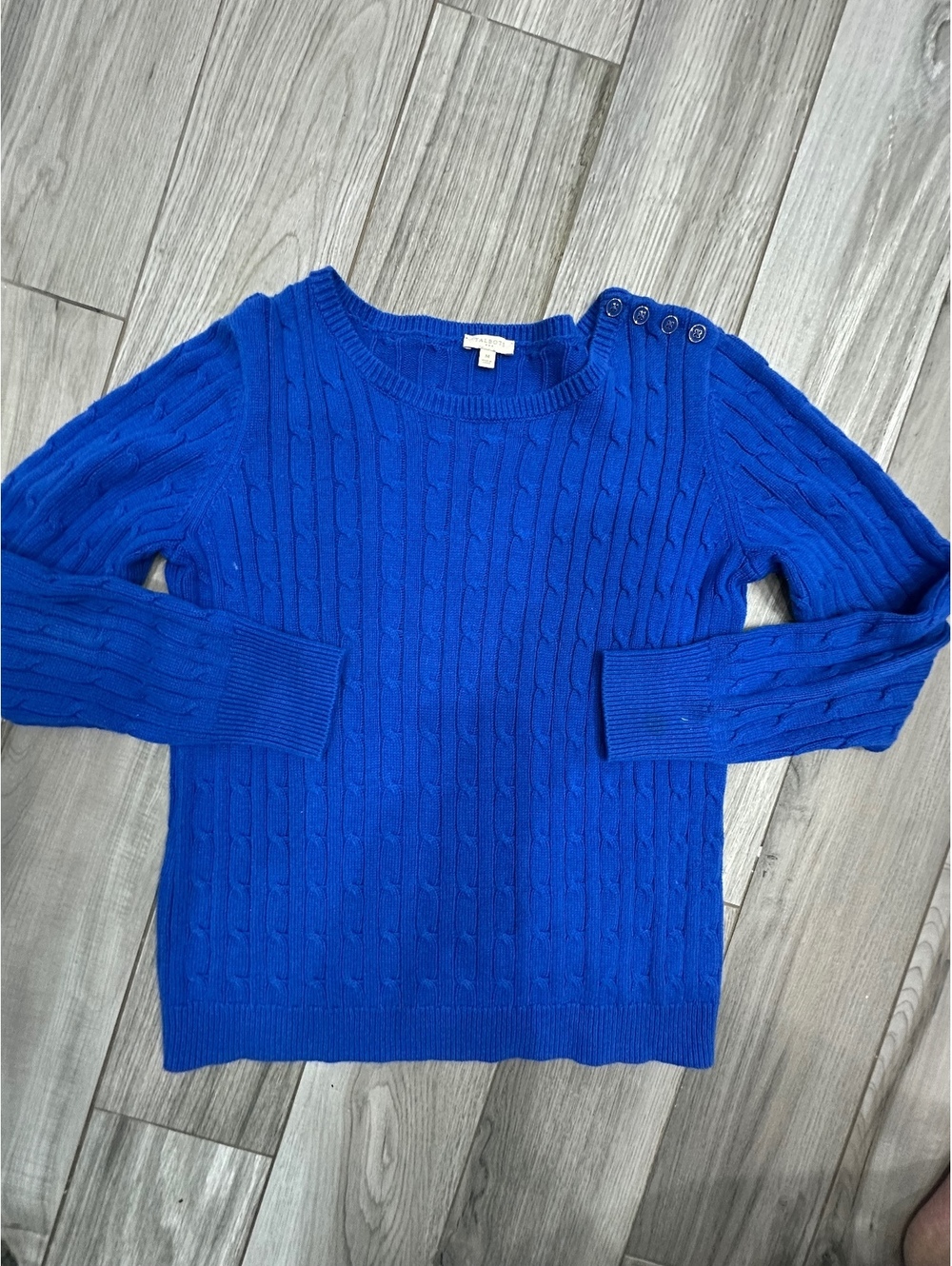 Talbots Women's Medium Blue Cable Knit Sweater with Shoulder Buttons